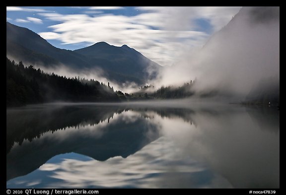 Moonlit fog, Diablo Lake, North Cascades National Park Service Complex. Washington, USA.