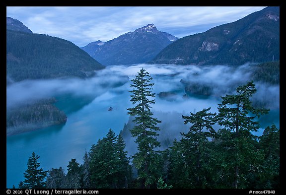 Diablo Lake and fog, dawn, North Cascades National Park Service Complex.  (color)