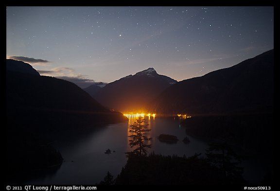 Diablo Lake by night with lights of dam,  North Cascades National Park Service Complex.  (color)