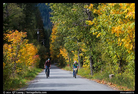 Bicyclists in autumn, Stehekin, North Cascades National Park Service Complex. Washington, USA.