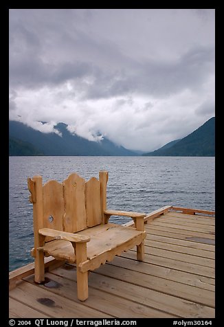 Chair on pier, Crescent Lake. Olympic National Park, Washington, USA.