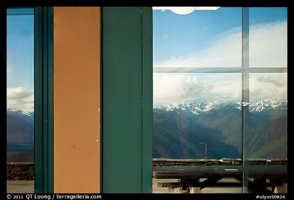 Olympic Range, Huricane Ridge Visitor Center window reflexion. Olympic National Park, Washington, USA.