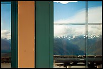 Olympic Range, Huricane Ridge Visitor Center window reflexion. Olympic National Park, Washington, USA. (color)