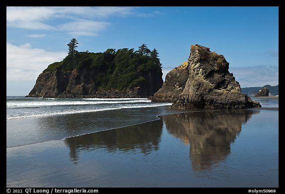 Sea stacks reflected on wet beach, Ruby Beach. Olympic National Park (color)