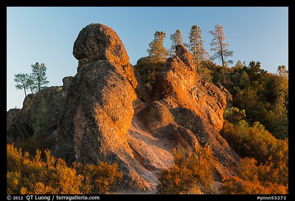 Rock monoliths on top of ridge at sunset. Pinnacles National Park, California, USA.
