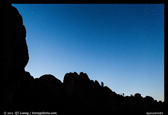 Rocky ridge and stars at twilight. Pinnacles National Park, California, USA.