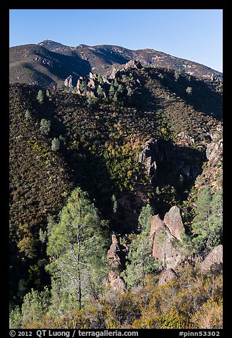 Gabilan Mountains dotted with rock pinnacles. Pinnacles National Park, California, USA.