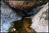 Creek flowing under boulder. Pinnacles National Park, California, USA. (color)