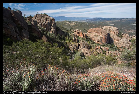 West side rock formations and spring wildflowers. Pinnacles National Park, California, USA.