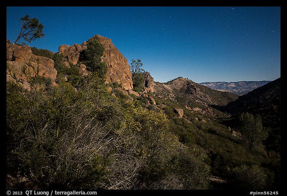 Moonlit landscape with rock towers. Pinnacles National Park, California, USA.