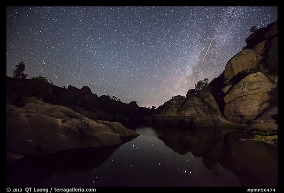 Bear Gulch Reservoir at night with Perseid Meteor. Pinnacles National Park (color)