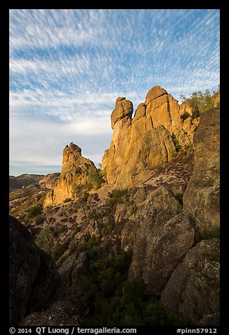 Rock towers and cirrocumulus clouds. Pinnacles National Park, California, USA.