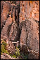 Footbridge at Tunnel exit dwarfed by rock towers. Pinnacles National Park ( color)