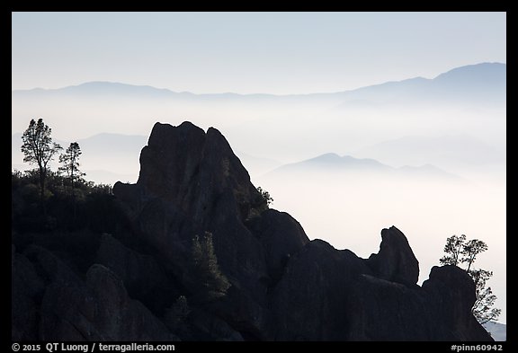 Silhouetted pinnacles and trees, foggy mountains. Pinnacles National Park (color)