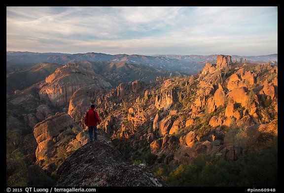 Visitor looking, Balconies and Square Block at sunset. Pinnacles National Park (color)