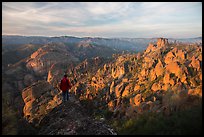 Visitor looking, Balconies and Square Block at sunset. Pinnacles National Park ( color)