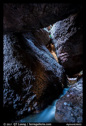 Stream and boulders, Upper Bear Gulch cave. Pinnacles National Park (color)