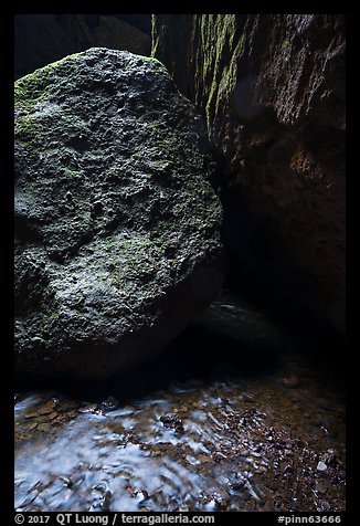 Running water, boulders, Bear Gulch cave. Pinnacles National Park (color)