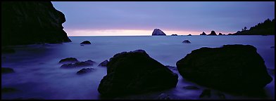 Boulders and seastacks and dusk. Redwood National Park (Panoramic color)