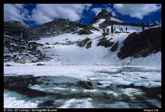 Monarch lake half-frozen in early summer. Sequoia National Park (color)