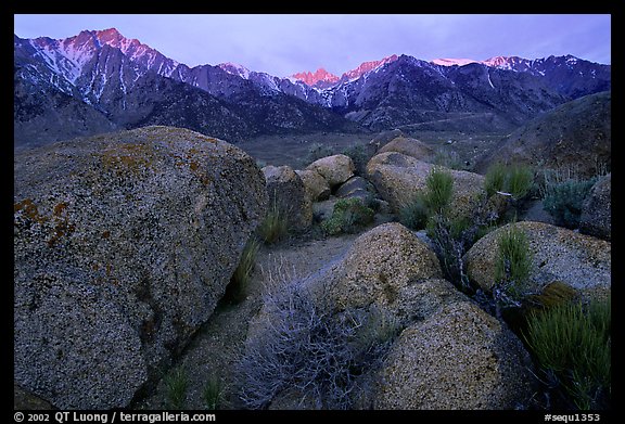 Volcanic boulders in Alabama hills and Sierras, sunrise. Sequoia National Park, California, USA.