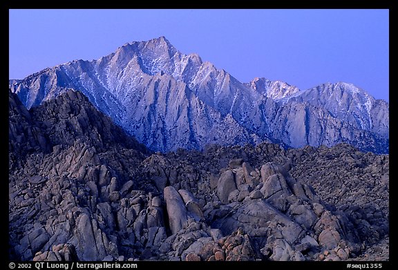 Volcanic boulders in Alabama hills and Lone Pine Peak, dawn. Sequoia National Park (color)