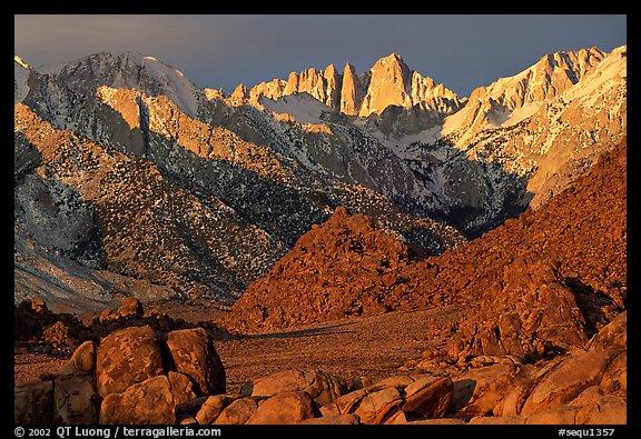 Volcanic boulders in Alabama hills and Mt Whitney, sunrise. Sequoia National Park (color)