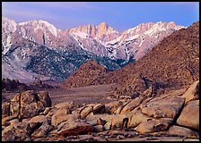 Volcanic boulders in Alabama hills and Mt Whitney, dawn. Sequoia National Park ( color)