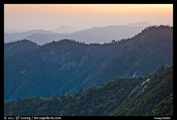 Forested ridges at sunset seen from Moro Rock. Sequoia National Park, California, USA.