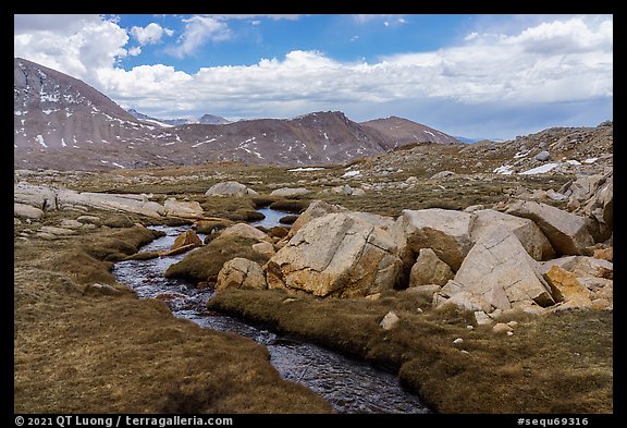 Stream in alpine meadow with rocks. Sequoia National Park (color)