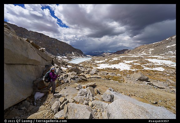 Hiker on John Muir Trail below Forester Pass. Sequoia National Park (color)