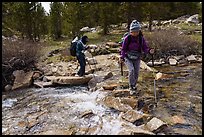 Hikers walk across Tyndall Creek, Sequoia National Park. California ( color)