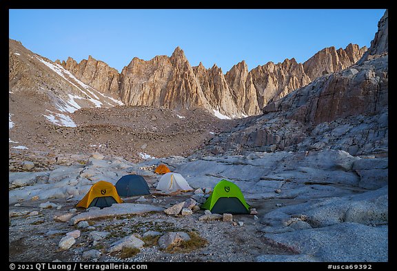 Tents at Trail Camp and Keeler Needles at dawn, Inyo National Forest. Sequoia National Park (color)