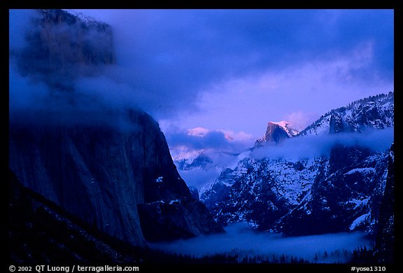 Yosemite Valley with fog, winter sunset. Yosemite National Park, California, USA.