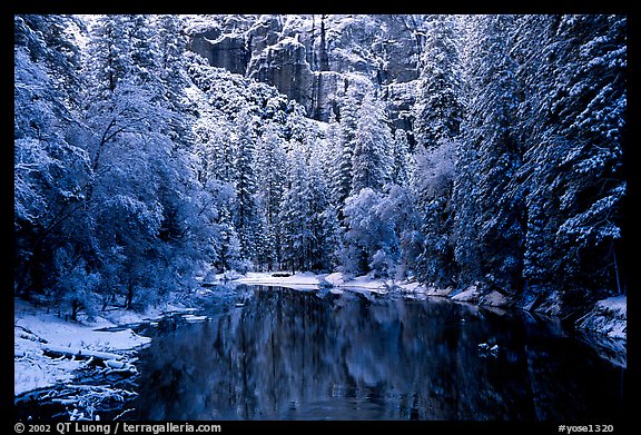 Winter Reflections in Merced River at the base of El Capitan, early morning. Yosemite National Park, California, USA.
