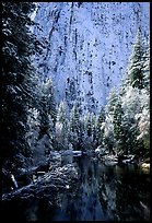 Cathedral rocks with fresh snow reflected in Merced River, early morning. Yosemite National Park ( color)