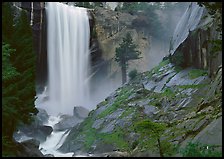 Vernal Fall and wet granite slab. Yosemite National Park, California, USA.