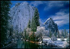 Cathedral rocks and Merced River with fresh snow. Yosemite National Park, California, USA. (color)
