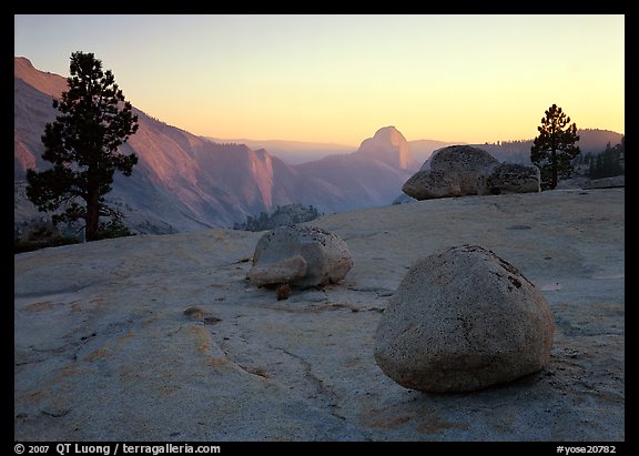 Boulders and Half-Dome at sunset, Olmsted Point. Yosemite National Park, California, USA.