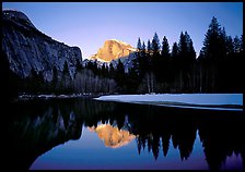 Half-Dome reflected in Merced River near Sentinel Bridge, sunset. Yosemite National Park, California, USA. (color)