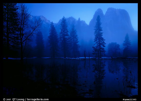 Cathedral rocks with mist, winter dusk. Yosemite National Park, California, USA.