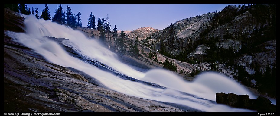 Tuolumne River, waterwheels, and granite slab at dusk. Yosemite National Park (color)