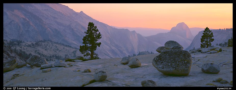 Glacial polish and erratics, Clouds Rest and Half Dome, sunset. Yosemite National Park, California, USA.