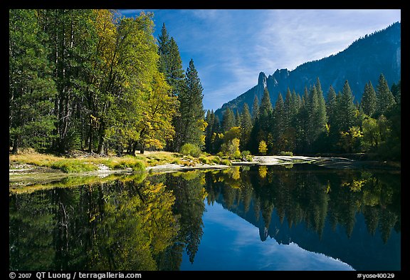Merced River with fall colors and Sentinel Rocks reflections. Yosemite National Park (color)