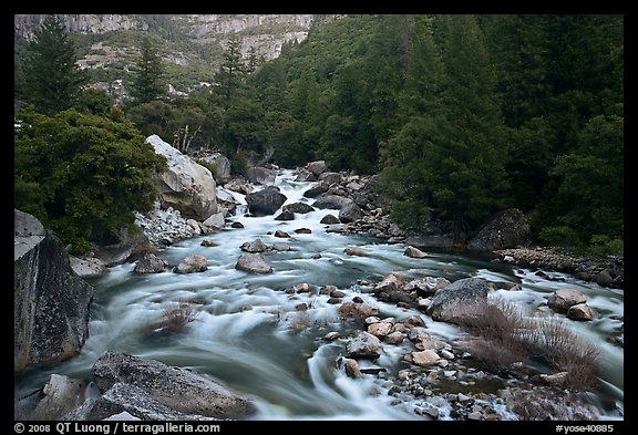 Lower Merced Canyon with wide Merced River. Yosemite National Park, California, USA.
