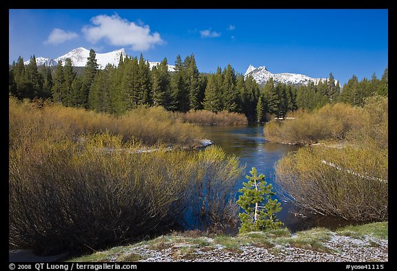 Fresh snow, stream, and Cathedral Peak. Yosemite National Park (color)