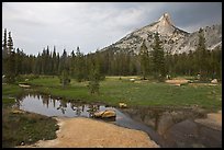 Stream, meadow, and Cathedral Peak, afternoon. Yosemite National Park ( color)