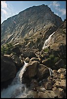Wapama falls and rock wall, late summer afternoon. Yosemite National Park, California, USA.