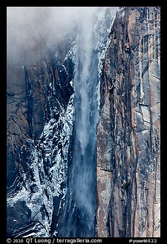 Ribbon Falls and snowy cliff. Yosemite National Park, California, USA.
