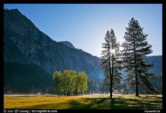 Sun and Ahwanhee Meadows in spring. Yosemite National Park (color)